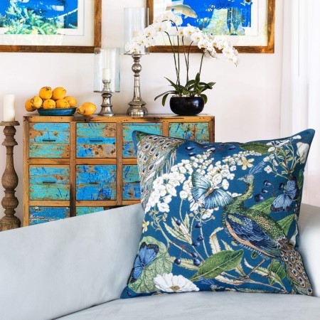 Poszewka dekoracyjna gobelinowo-aksamitna PAW NIEBIESKI 60x60cm