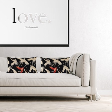 Poszewka 30x60 cm PTAKI gobelinowa ŻURAWIE  czarna Japandi na poduszkę PolDesign