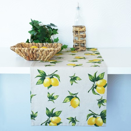 Bieżnik Lniany Beżowy Letni z nadrukiem w cytryny z liśćmi 160cm na stół PolDesign