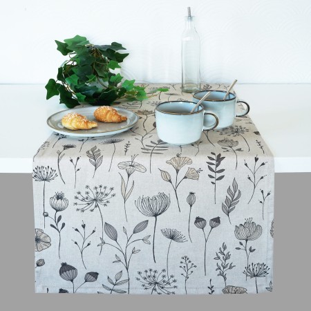 BIEŻNIK 220CM SKANDYNAWSKI LNIANY WYGLĄD ROŚLINNY WZÓR KWIATY ROŚINY