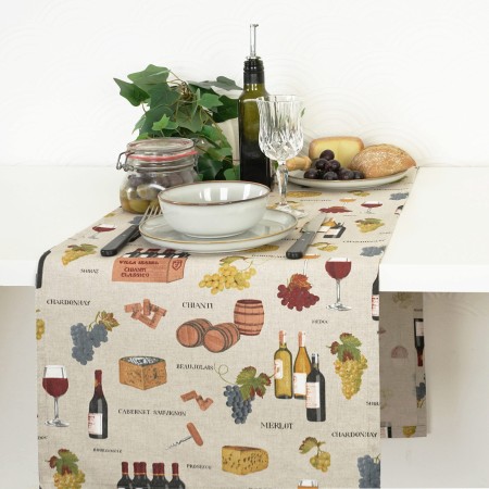 Bieżnik 280cm lniany na stół o śródziemnomorskim motywie Winiarnia na ławę letni