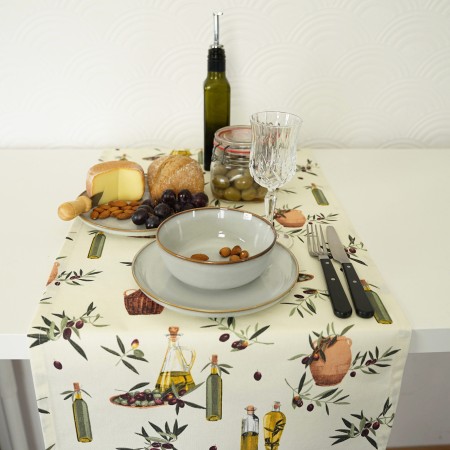 Bieżnik śródziemnomorski OLIWA 280cm bawełniany na stół ecru beżowy
