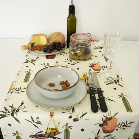 Bieżnik śródziemnomorski OLIWA 220cm bawełniany na stół ecru beżowy