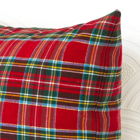 Red tartan pillow cover with gold thread detail.jpg