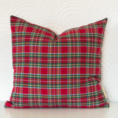 Red tartan pillow with gold thread square.jpg