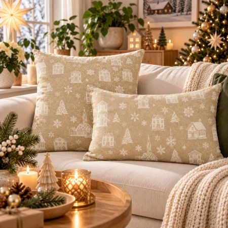Bieżnik Świąteczny na stół 300cm DOMKI lniany złoty bawełniany dekoracyjny