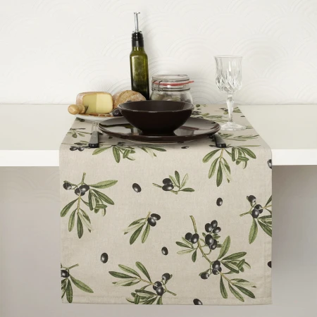 Bieżnik na stół 240cm OLIWKI CZARNE lniany look śródziemnomorski PolDesign