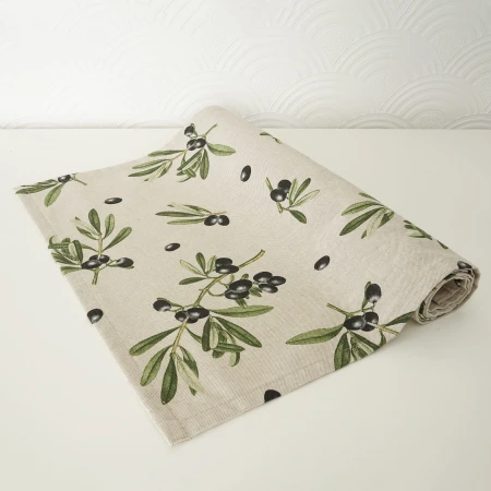 Bieżnik bawełniany 220cm OLIWKI CZARNE lniany look śródziemnomorski PolDesign