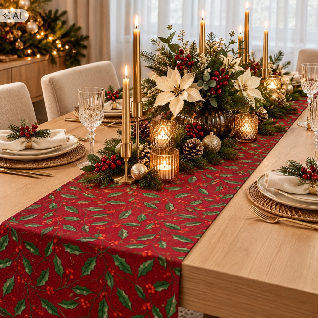 Bieżnik Świąteczny 300cm OSTROKRZEW burgund zielony czerwony dekoracyjny